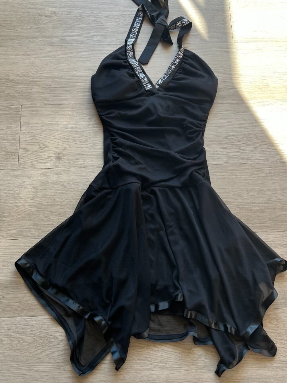Taboo Black Y2K Halter Top Dress with Rhinestones and Handkerchief Skirt